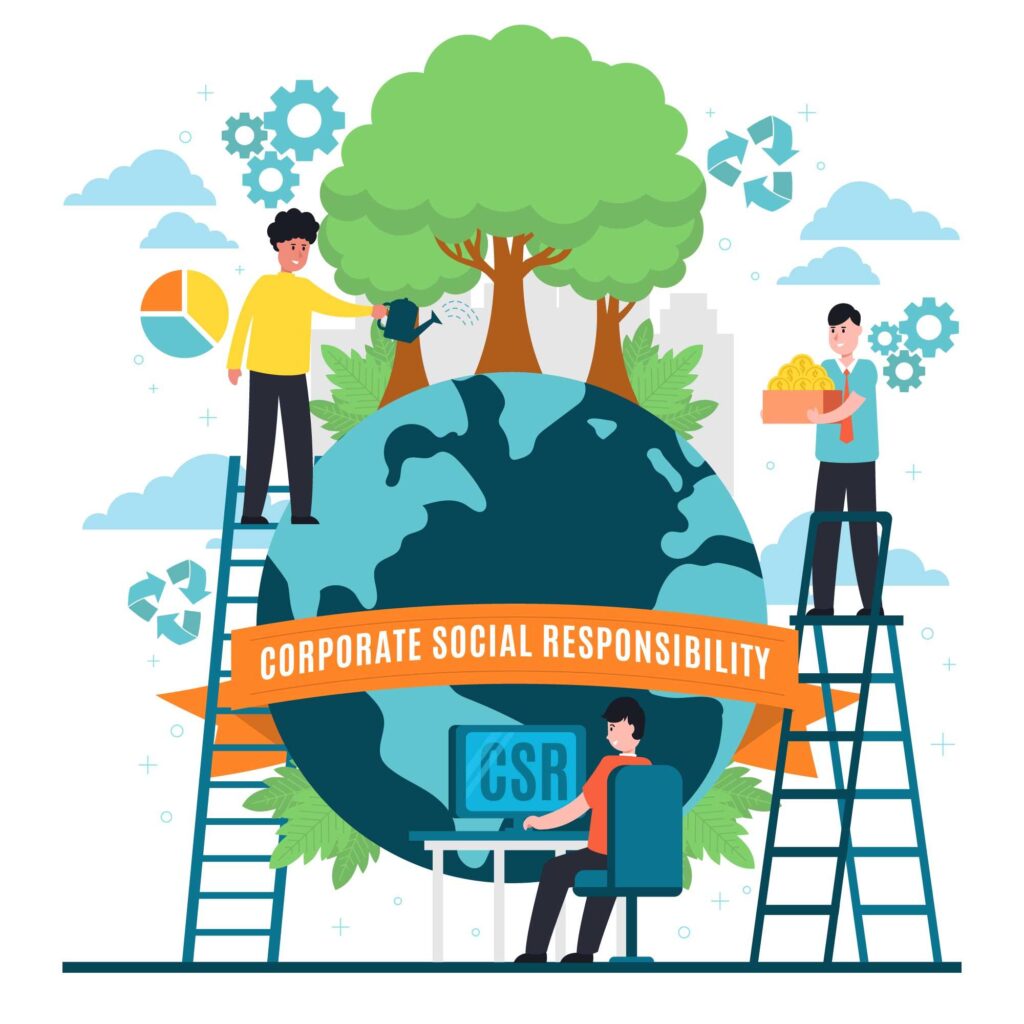 Corporate social responsibility illustration showing people supporting sustainability, environment protection, and ethical business practices.