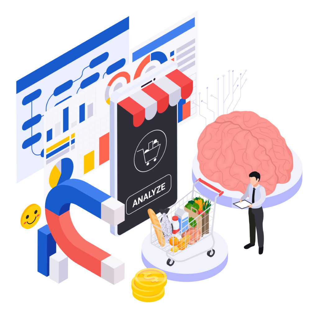 Neuromarketing concept illustration showing consumer behavior analysis, brain science, and online shopping data.