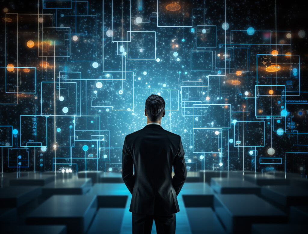 Business professional standing in a futuristic digital environment with interconnected data networks and technology visuals.
