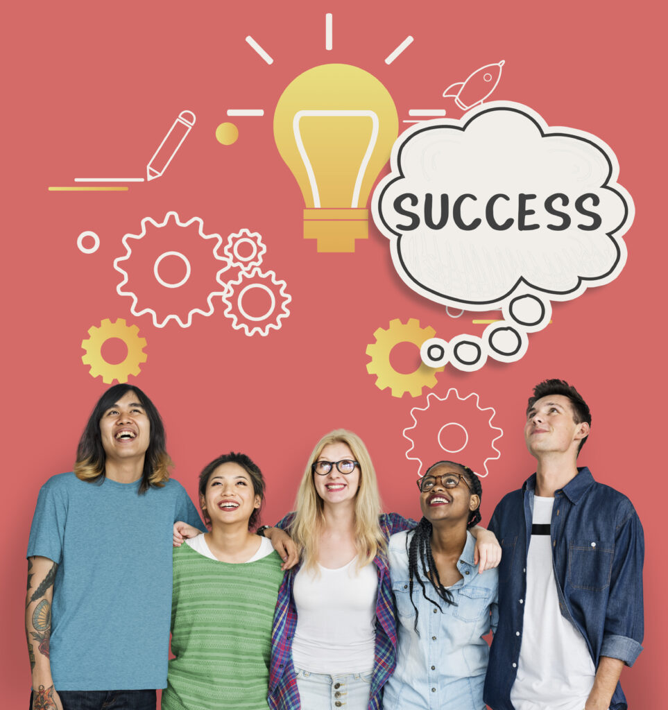 Diverse group of young professionals smiling together with creative icons, light bulb, gears, and success concept illustration.