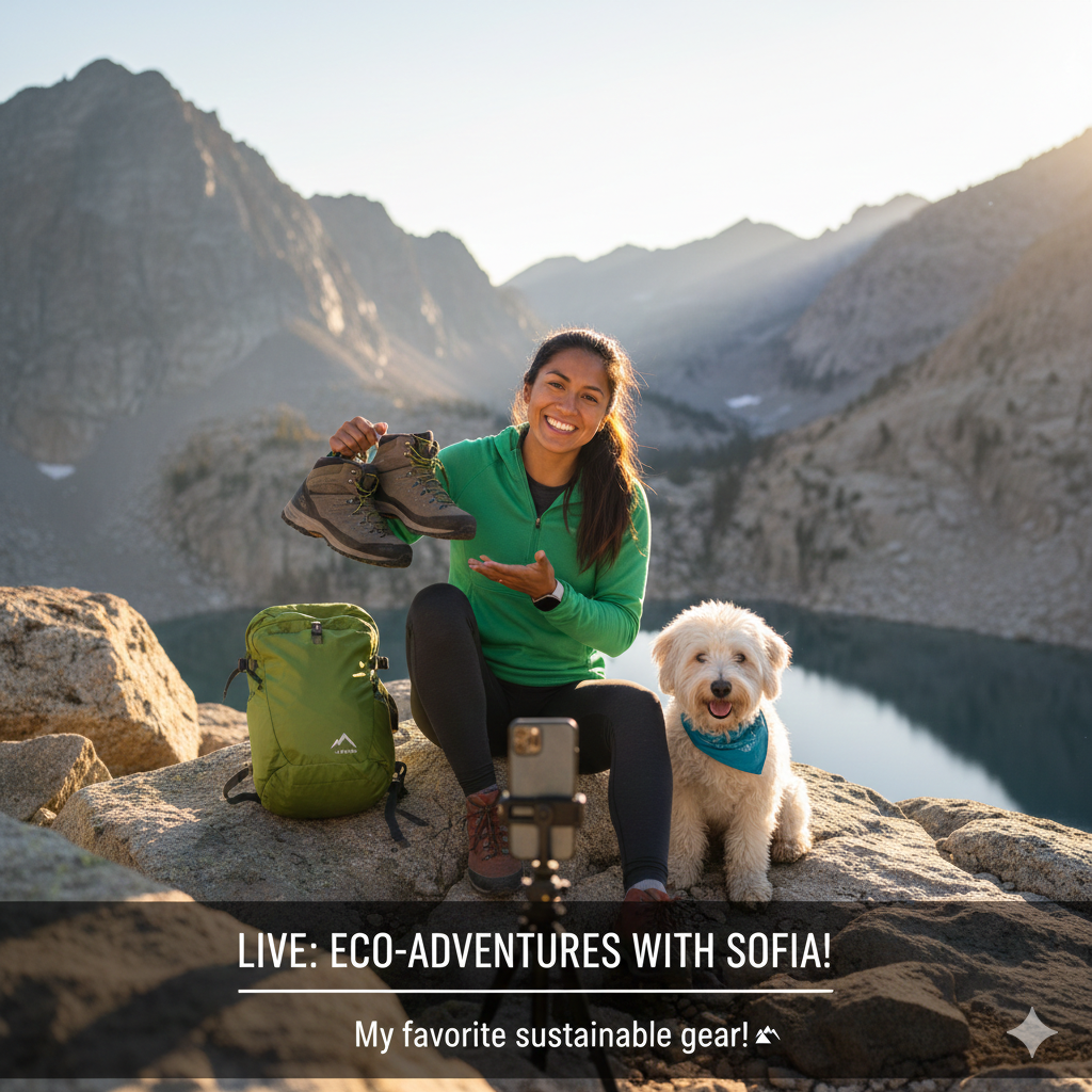 Eco-adventure content creator livestreaming from mountains, showcasing sustainable hiking boots with her dog beside a lake.