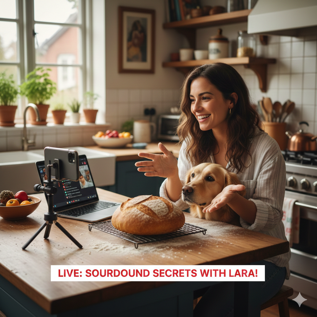 Woman hosting a live sourdough baking session in a home kitchen, presenting freshly baked bread while streaming on smartphone with her dog beside her.